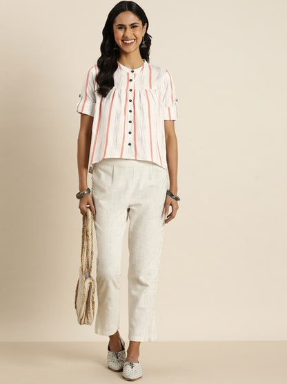 Striped Roll-Up Sleeves Cotton Shirt Style Top