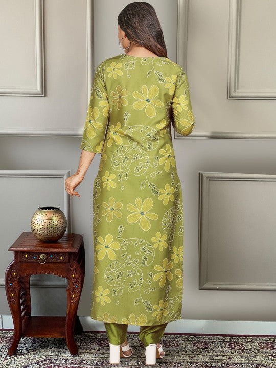 Floral Embroidered V-Neck Thread Work Straight Kurta with Trousers & Dupatta