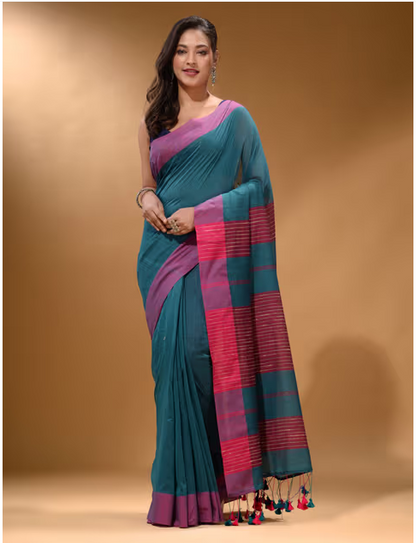 Arhi and Cotton Handspun Soft Pompom Saree with Unstitched Blouse