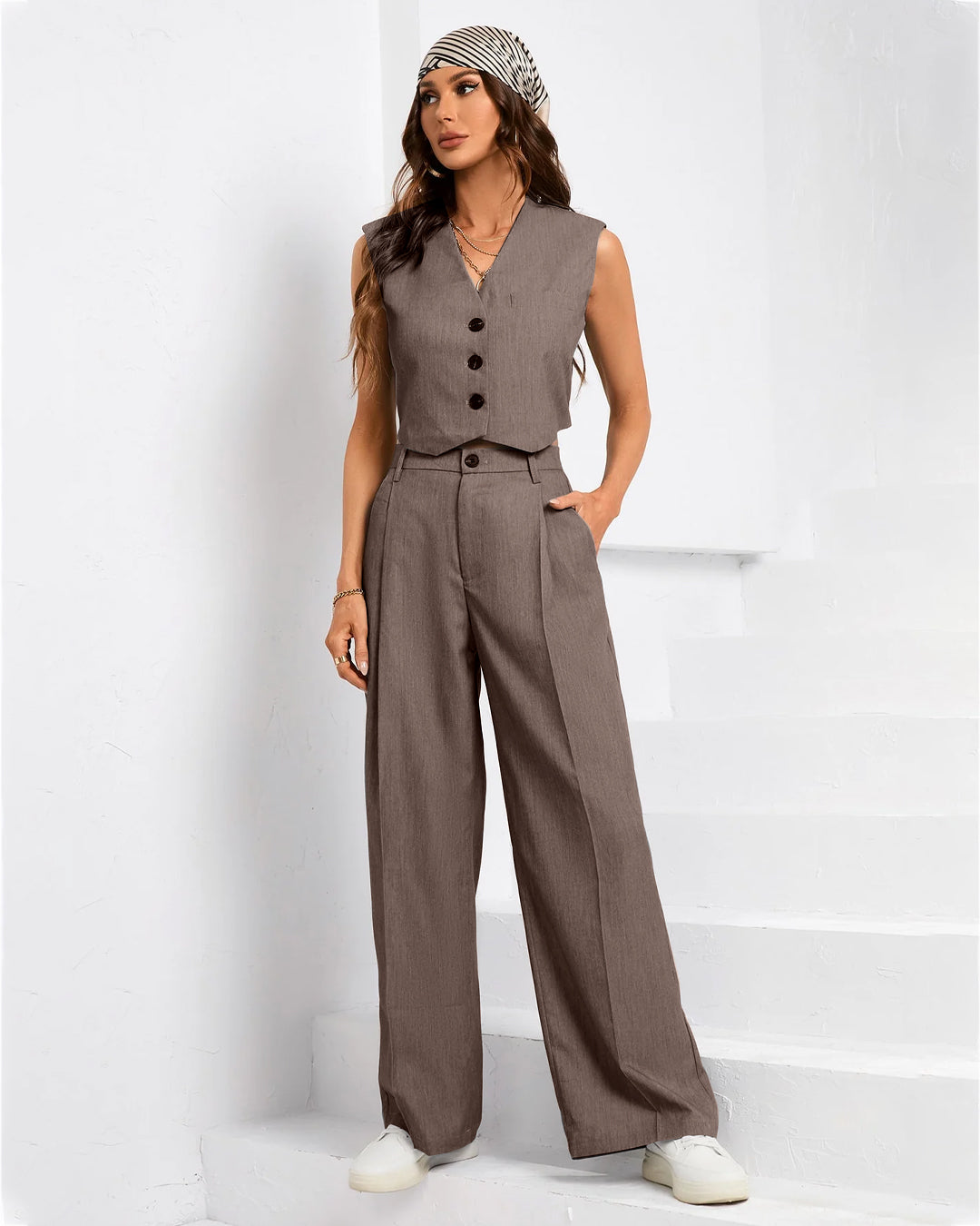 Two Piece Tailored Suit Pants With Vest Coat In Cappuccino