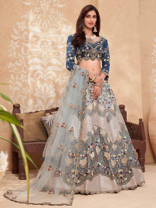 Shaded Blue Silk Lehnega Choli With Duptta