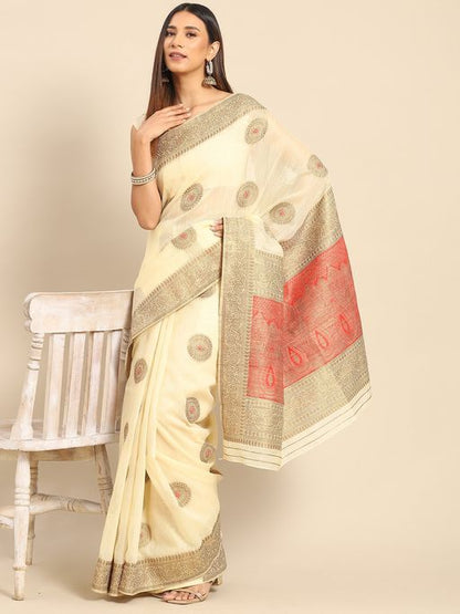 Akhilam Womens Silk Blend Cream Woven Design Designer Saree with Unstitched Blouse