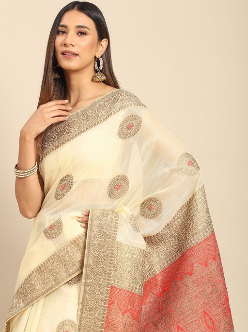 Akhilam Womens Silk Blend Cream Woven Design Designer Saree with Unstitched Blouse