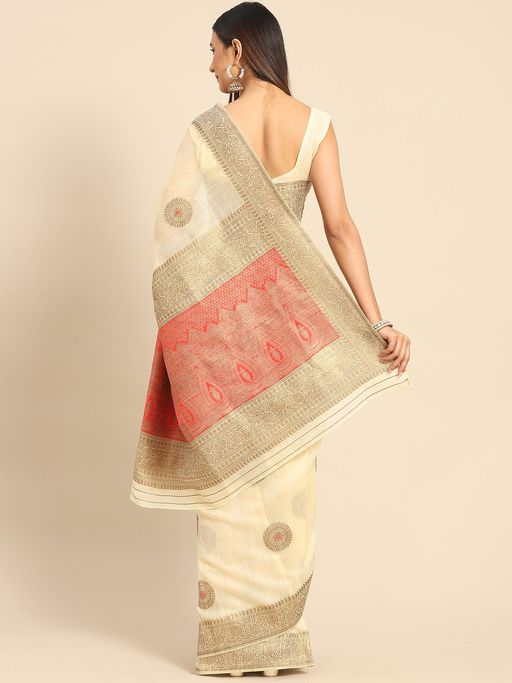 Akhilam Womens Silk Blend Cream Woven Design Designer Saree with Unstitched Blouse