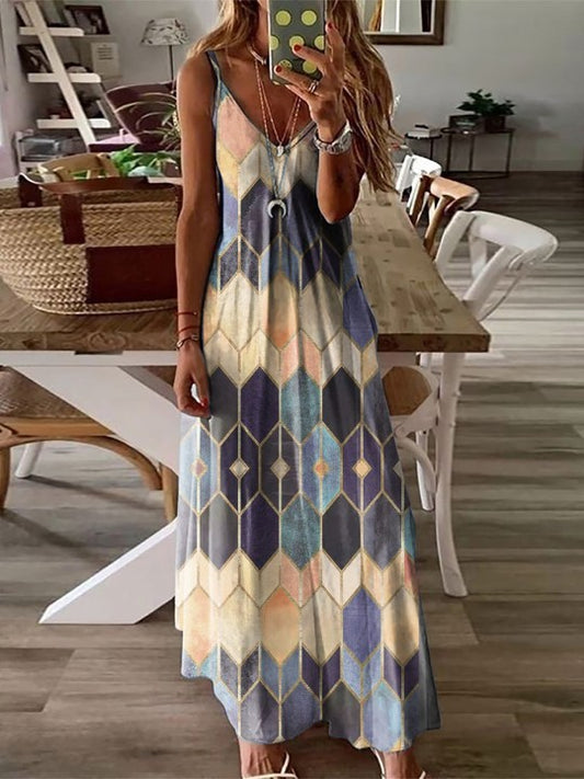 Grey & Blue Geometric Printed A-Line Maxi Dress