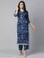 Women's Blue Cotton Blend Printed Straight Kurta With Palazzos