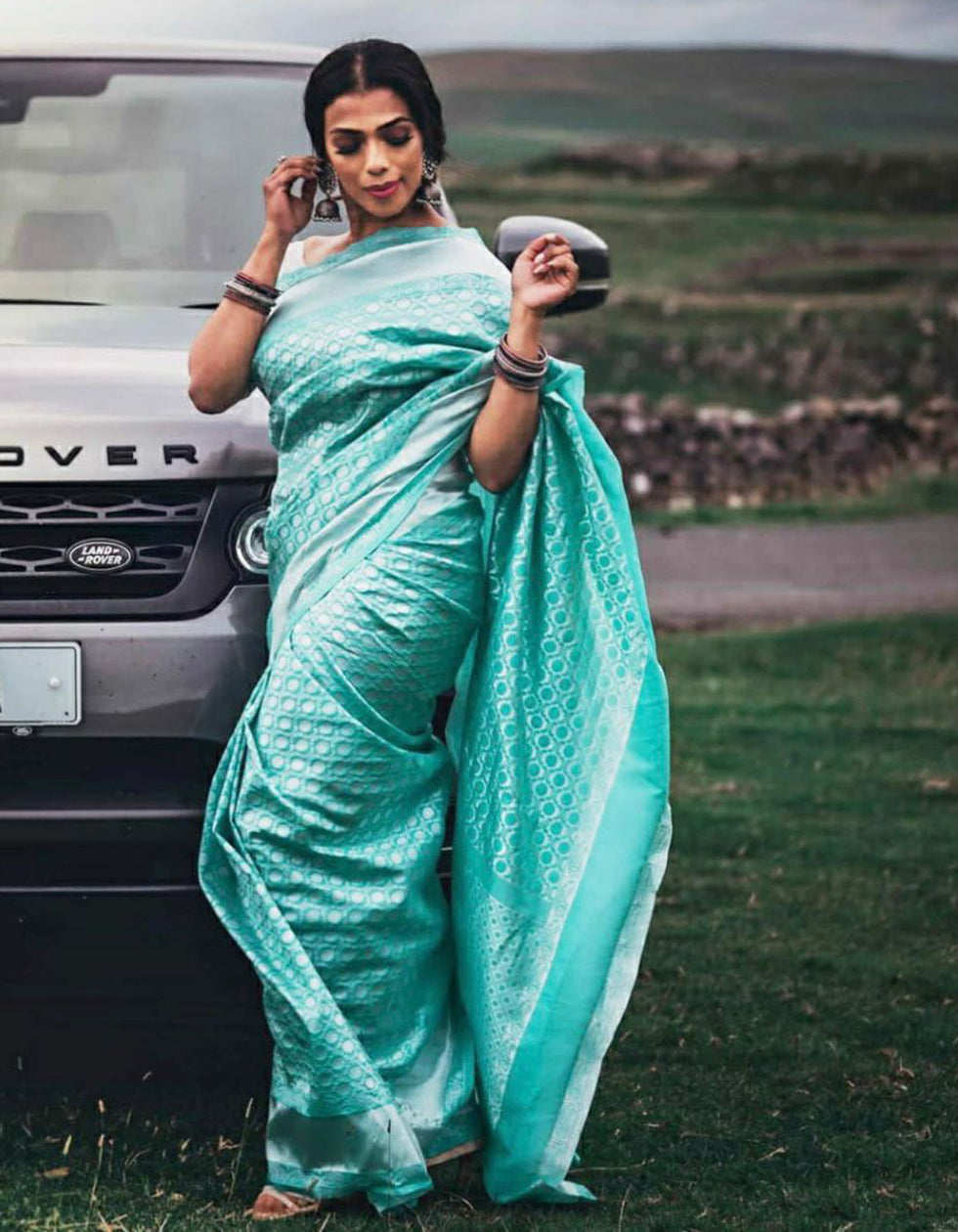 Sky Blue Soft Lichi Silk Jacquard Work Saree