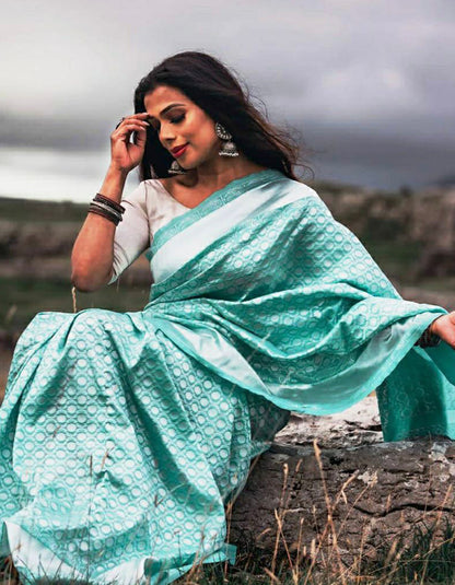 Sky Blue Soft Lichi Silk Jacquard Work Saree