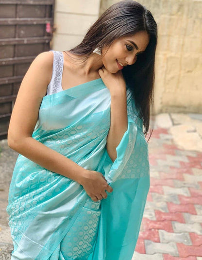 Sky Blue Soft Lichi Silk Jacquard Work Saree