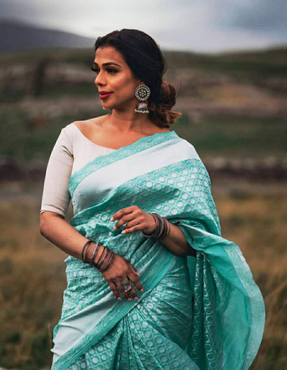 Sky Blue Soft Lichi Silk Jacquard Work Saree