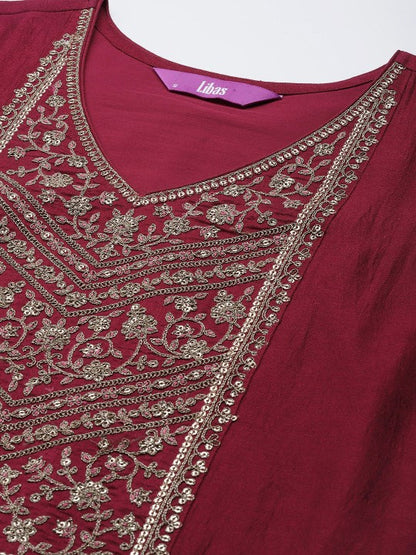 Women Maroon Ethnic Motifs Embroidered Embellished Yoke Design Kurta