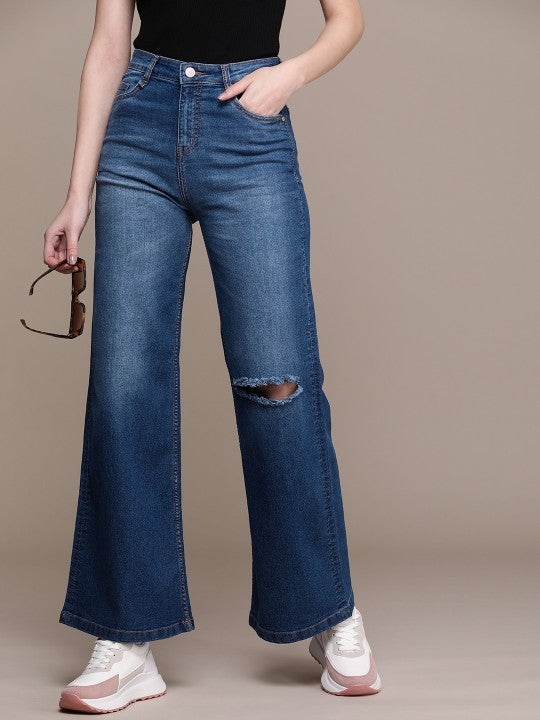 The Life Co Women. Wide Leg High-Rise Slash Knee Light Fade Stretchable Jeans