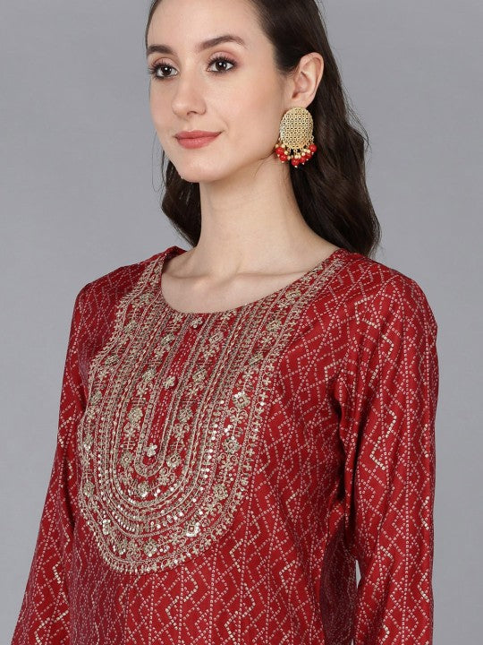 Bandhani Embroidered Regular Sequinned Straight Kurta With Trousers & Dupatta