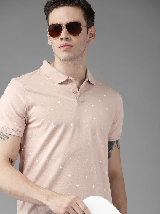 Men Pink & White Pure Cotton Printed Polo Collar T-shirt