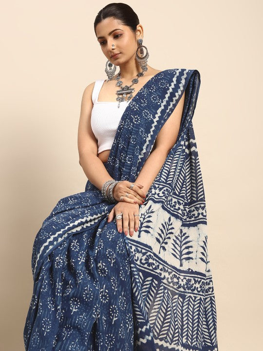 Ethnic Motifs Pure Cotton Block Print Indigo Saree