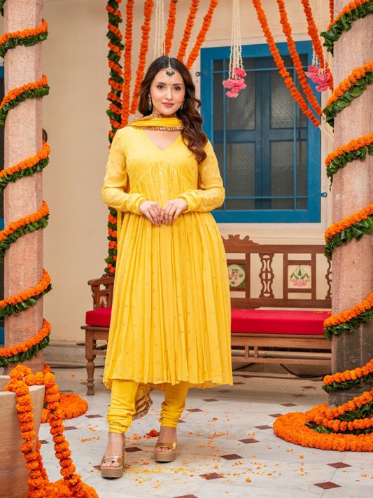 Yellow Embroidery Cotton Embroidery Wedding Wear Anarkali Suit