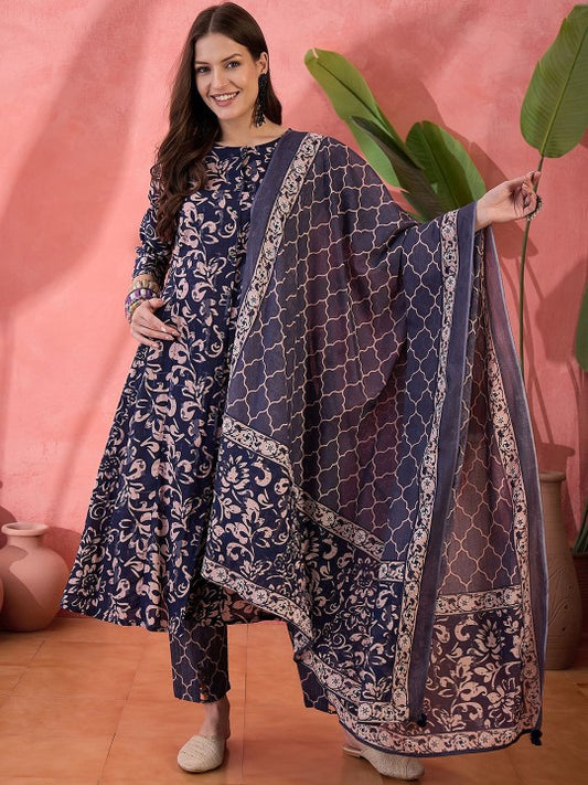 Floral Printed Round Neck Pure Cotton A-Line Kurta With Trousers & Dupatta