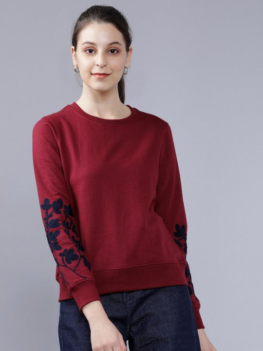 Women Maroon & Navy Blue Solid Sweatshirt