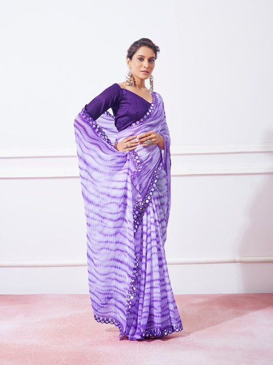 Purple Tie and Dye Mirror Work Pure Georgette Saree