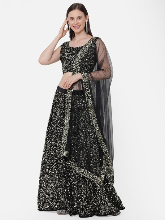 Black & Gold-Toned Embellished Semi-Stitched Lehenga & Unstitched Blouse with Dupatta