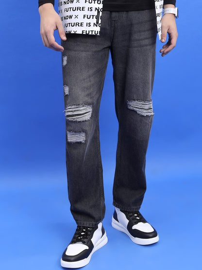 Men Straight Fit Highly Distressed Light Fade Jeans