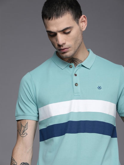 Men Blue & White Striped Polo Collar Slim Fit T-shirt