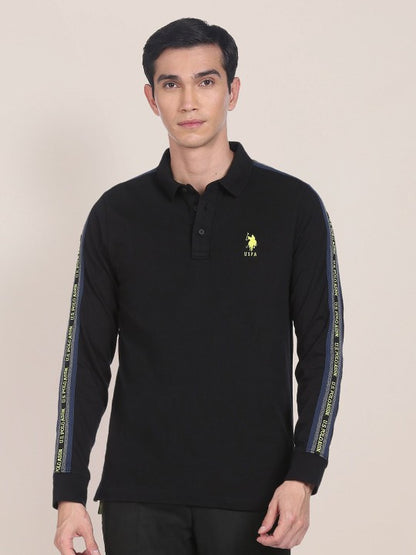 Men Black Brand Logo Embroidered Polo Collar Pure Cotton Slim Fit T-shirt