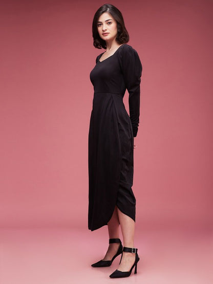 Black Puff Sleeves A-Line Midi Dress