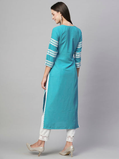 Women's Cotton Blend Chikankari Embroidered Straight Kurti