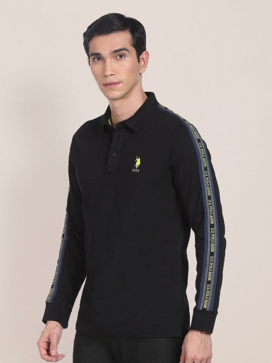 Men Black Brand Logo Embroidered Polo Collar Pure Cotton Slim Fit T-shirt