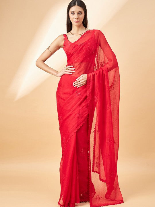 Red Geometric Embroidered Pure Chiffon Saree