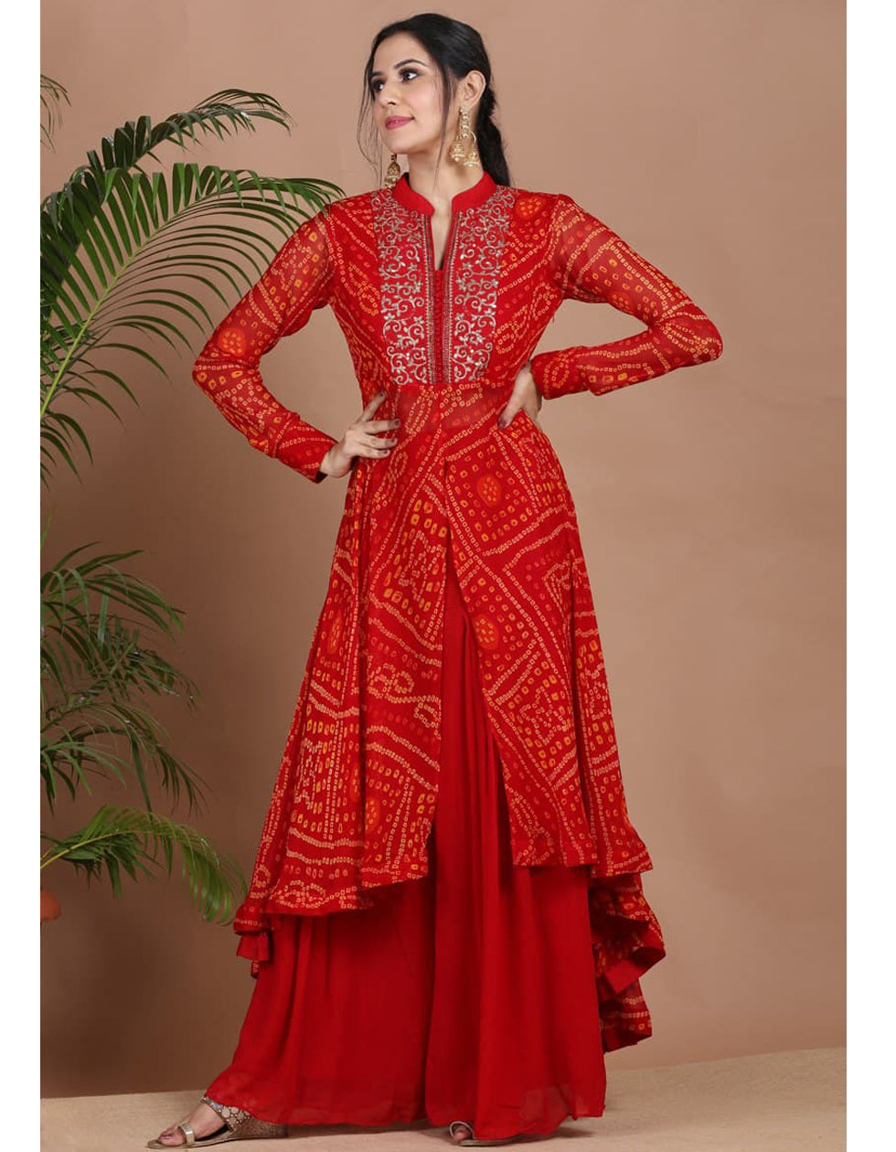 Red Front Slit Georgette Bandhani Printed Plazo Set