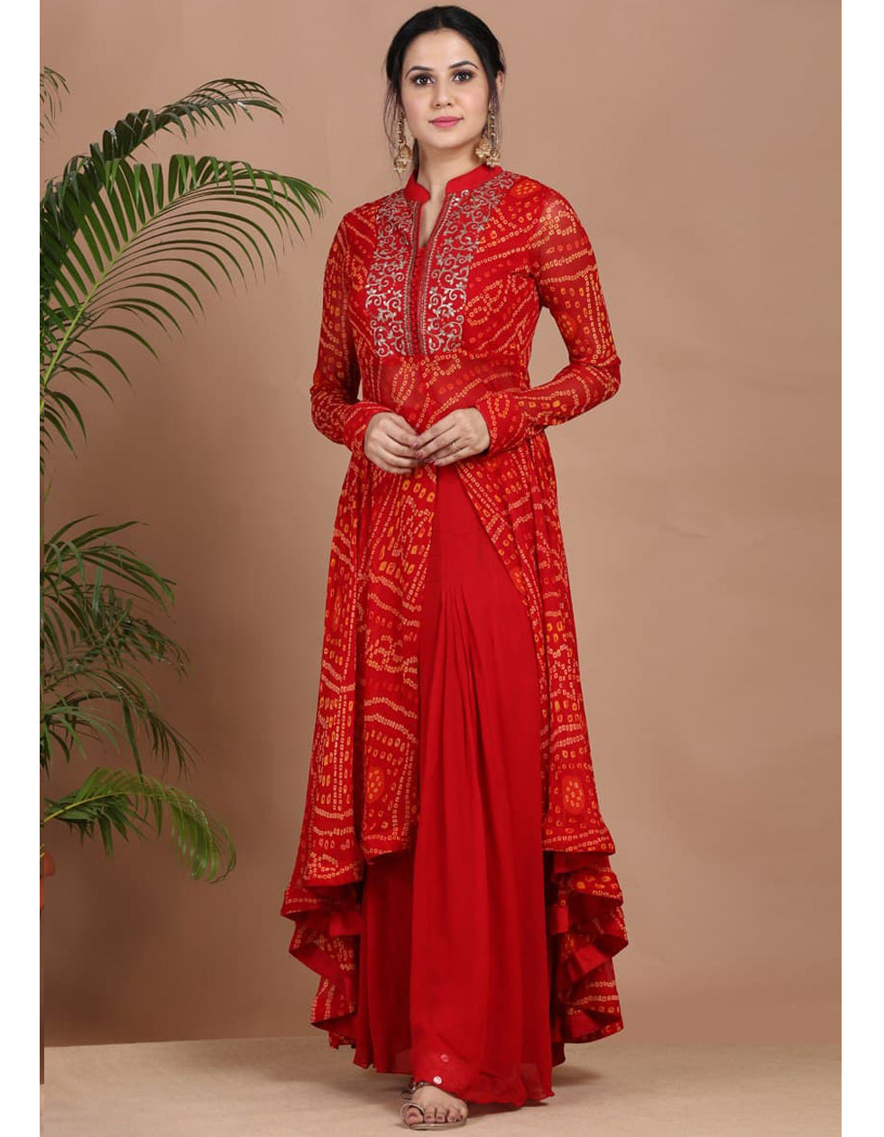 Red Front Slit Georgette Bandhani Printed Plazo Set