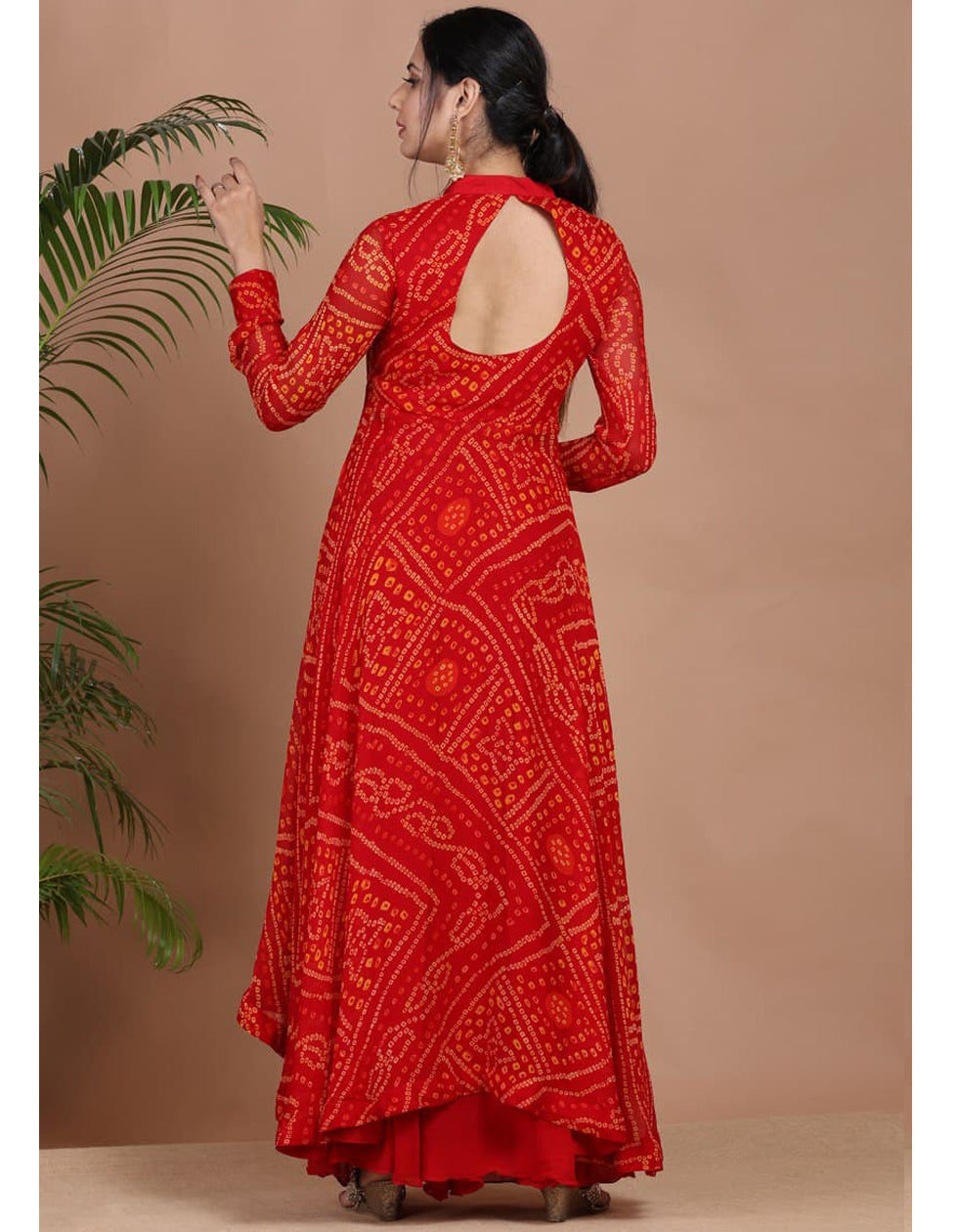 Red Front Slit Georgette Bandhani Printed Plazo Set