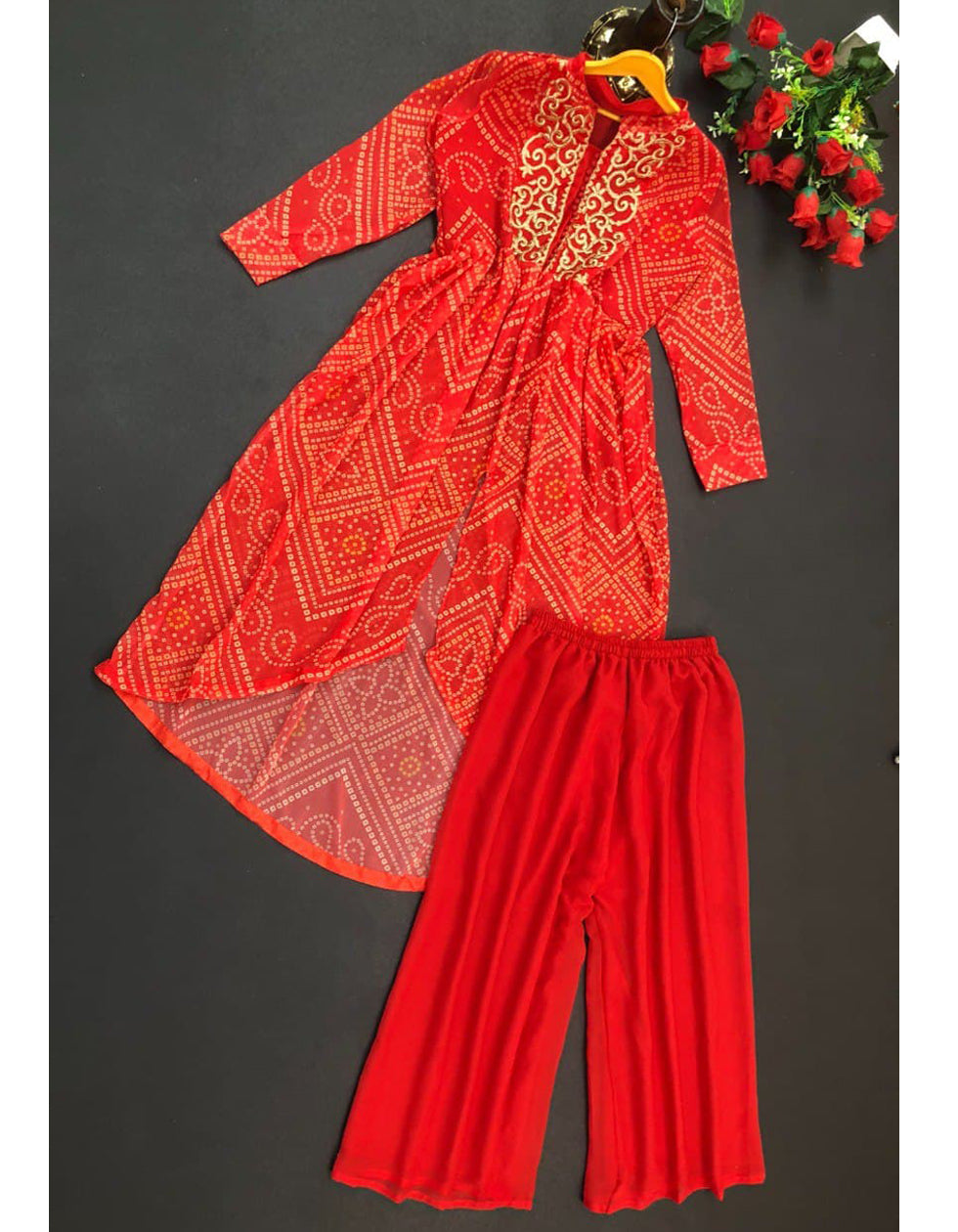 Red Front Slit Georgette Bandhani Printed Plazo Set