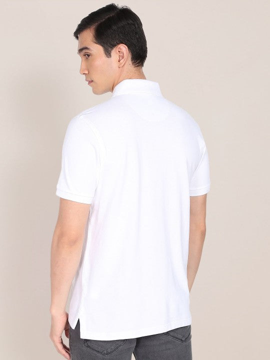 Men White Solid Polo Collar Pure Cotton Slim Fit T-shirt