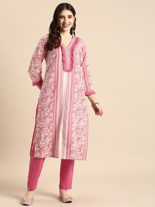 Women Floral Printed Regular Mirror Work Pure Cotton Kurta with Trousers