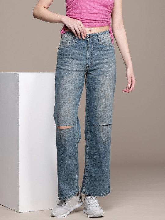 Women Wide Leg Slash Knee Light Fade Stretchable Jeans