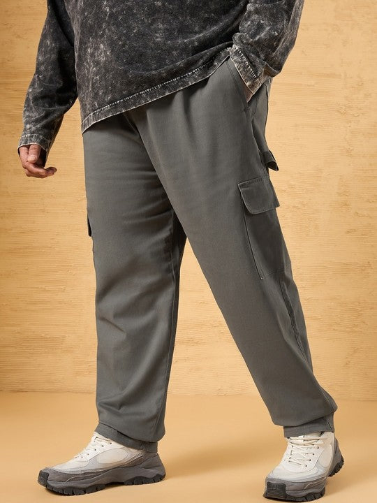 Grey Plus Size Men Mid-Rise Cotton Cargo Carpenter Trousers