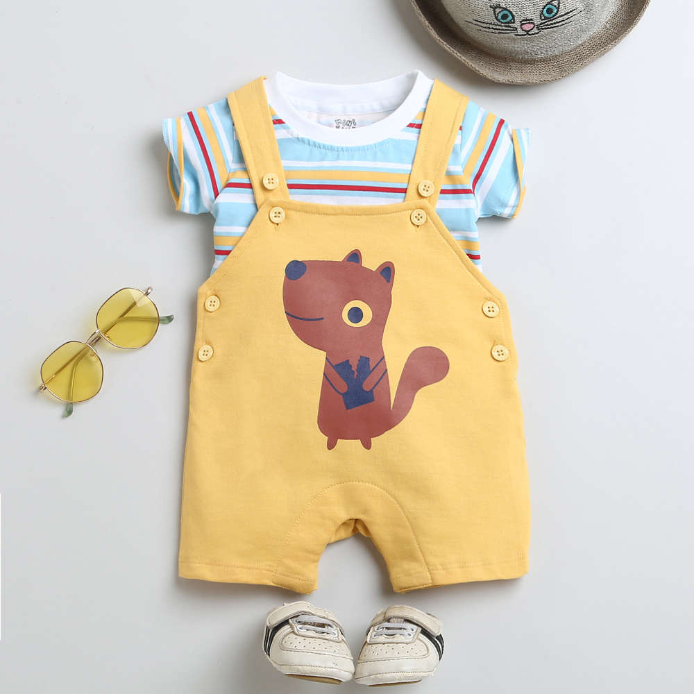 Boys Blue and Yellow Animal Print T-Shirt and Dungaree Overall Set