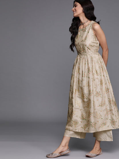 Beige Printed Silk Blend A-Line Kurta With Palazzos & Dupatta