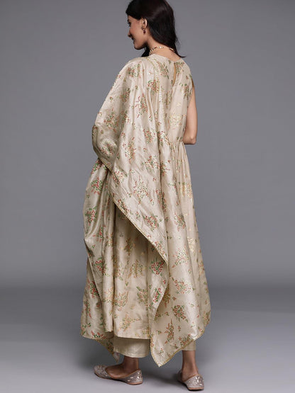 Beige Printed Silk Blend A-Line Kurta With Palazzos & Dupatta