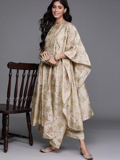 Beige Printed Silk Blend A-Line Kurta With Palazzos & Dupatta