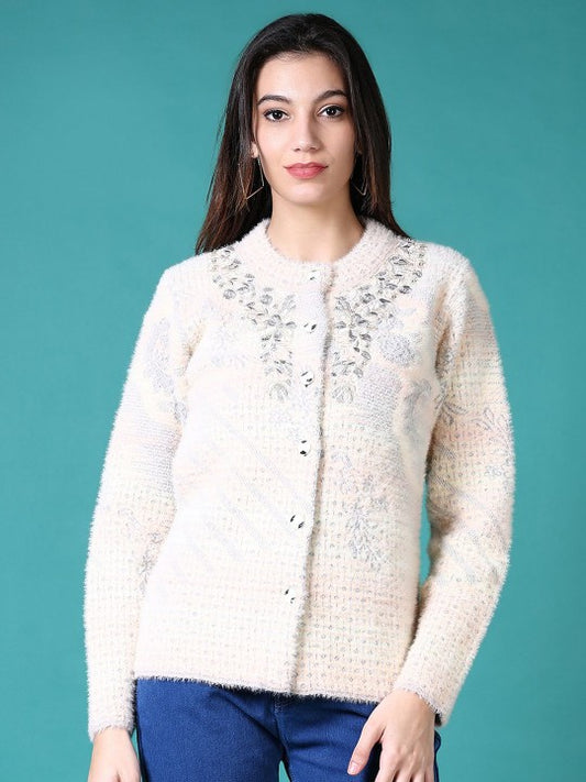 Women Embroidered Round Neck Cardigan