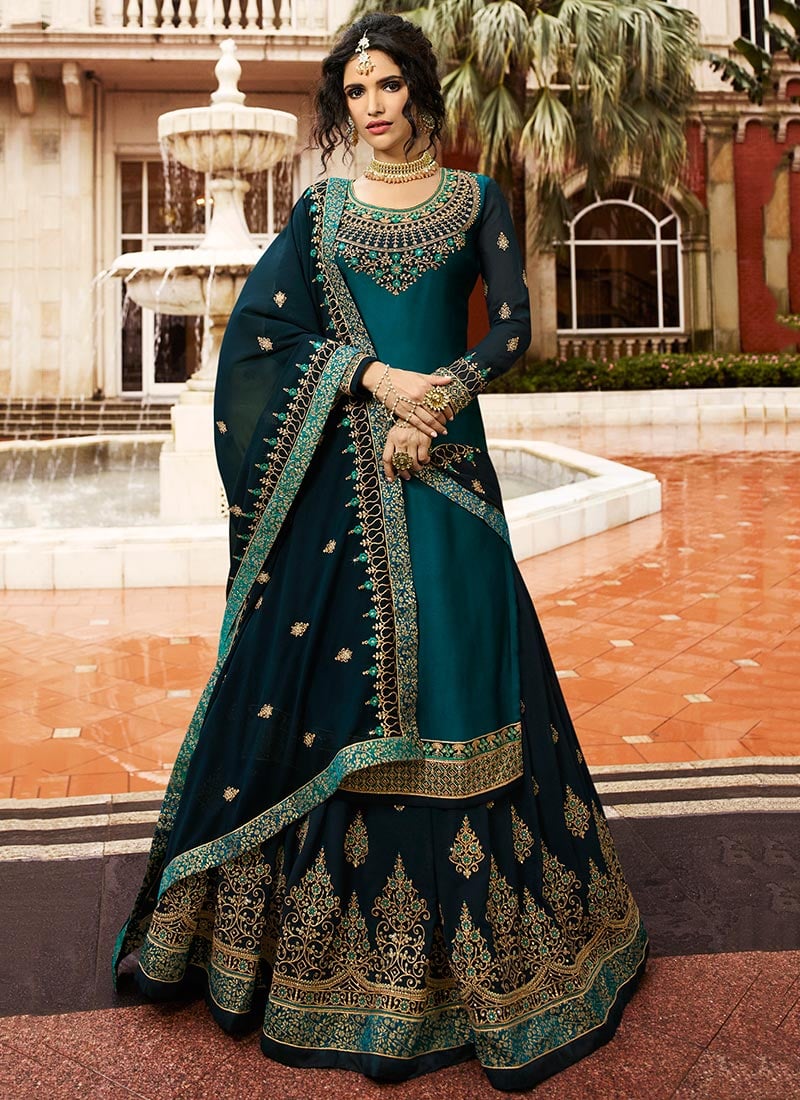 Teal Blue Embroidered Long Choli Lehenga Party Wear