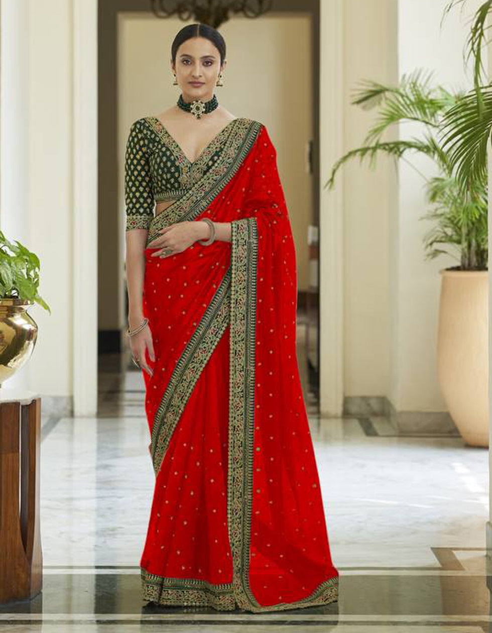 Red Silk Multi Work Bridal Wear Saree