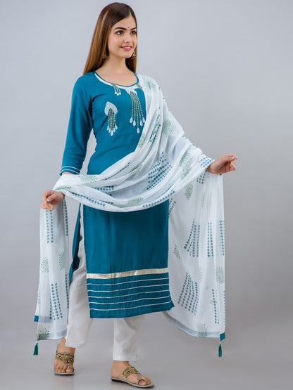 Women Turquoise Blue Ethic Motif Embroidered Kurta With Pant and Dupatta set