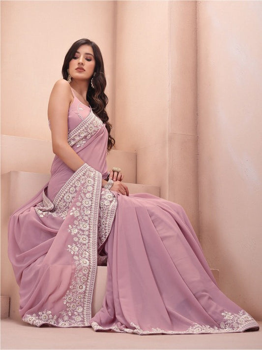 Light Pink Georgette Sequin Work Partywear Saree with Blouse