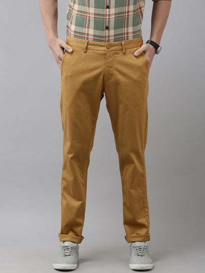 Men Khaki Solid Mid-Rise Regular Trousers