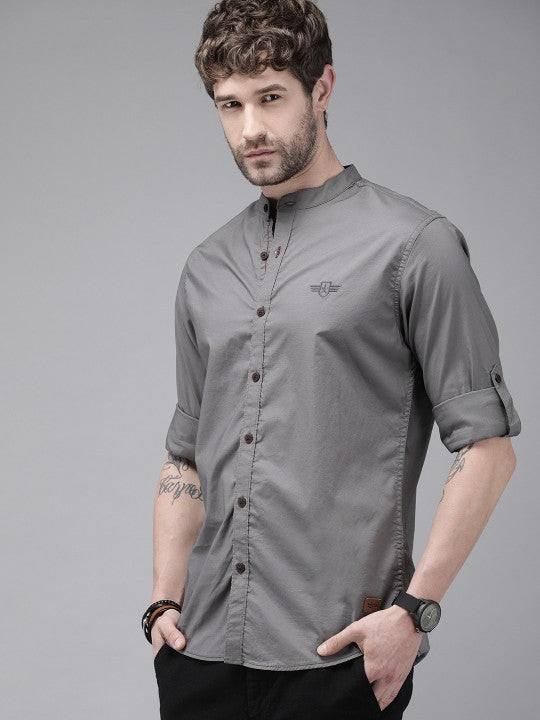 Men Grey Solid Slim Fit Casual Shirt